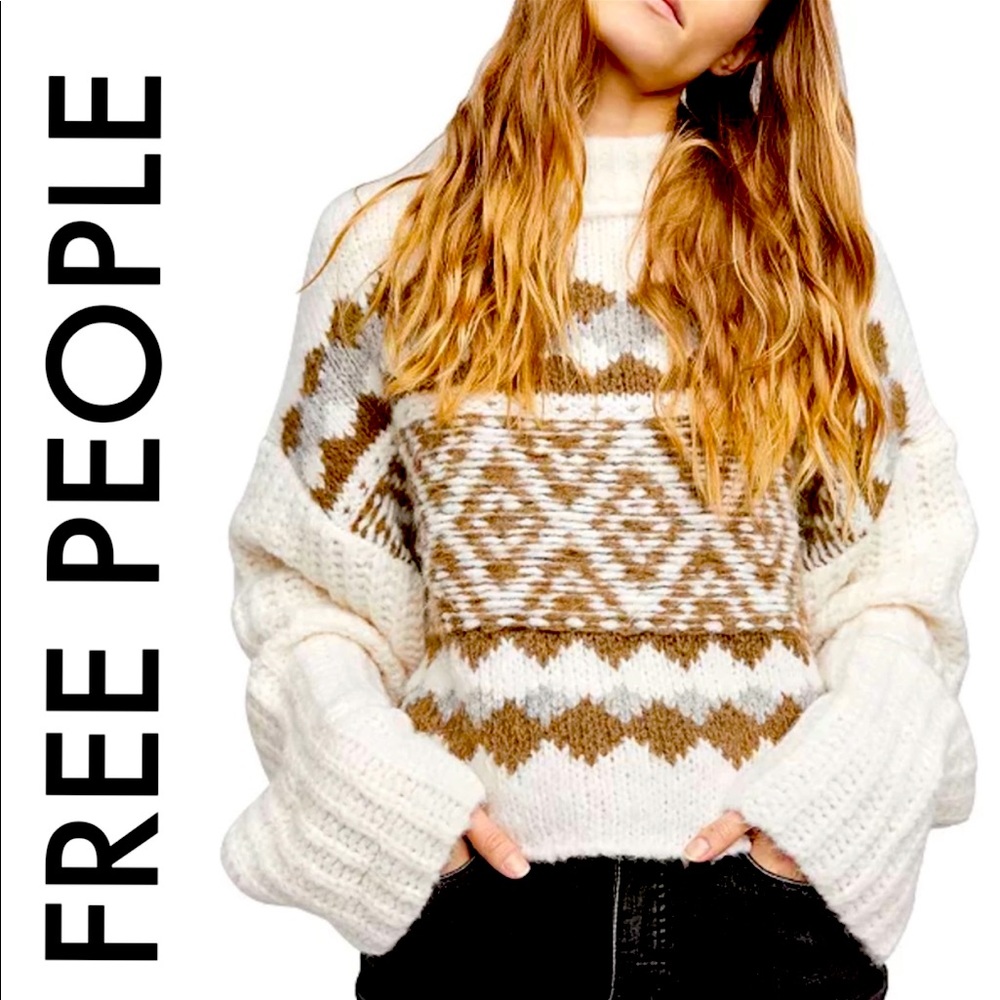 FREE PEOPLE NWT WHITE BROWN GRAY OVERSIZED LONG SLEEVE TURTLENECK SWEATER L - Picture 1 of 11
